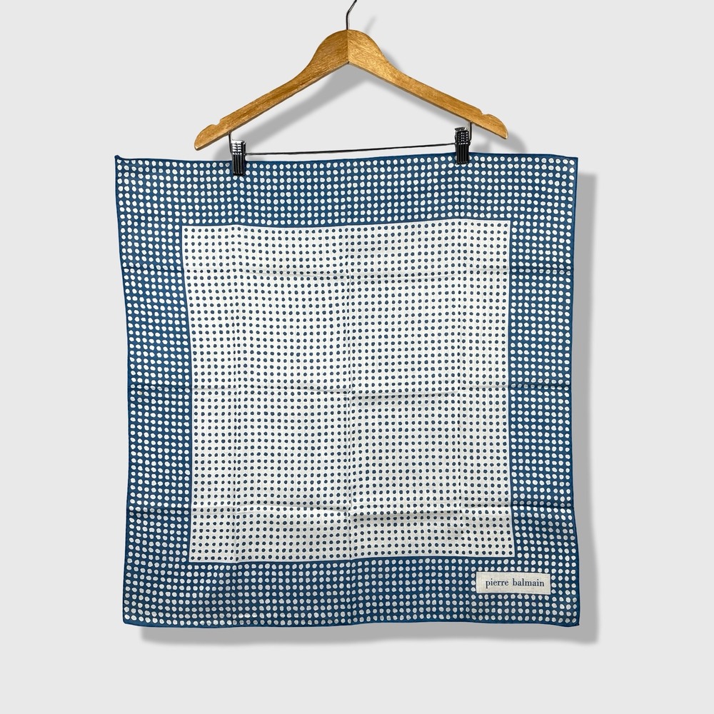 Pierre Balmain Scarf Unisex 25x25 Blue White Polka Dot Vintage French Designer